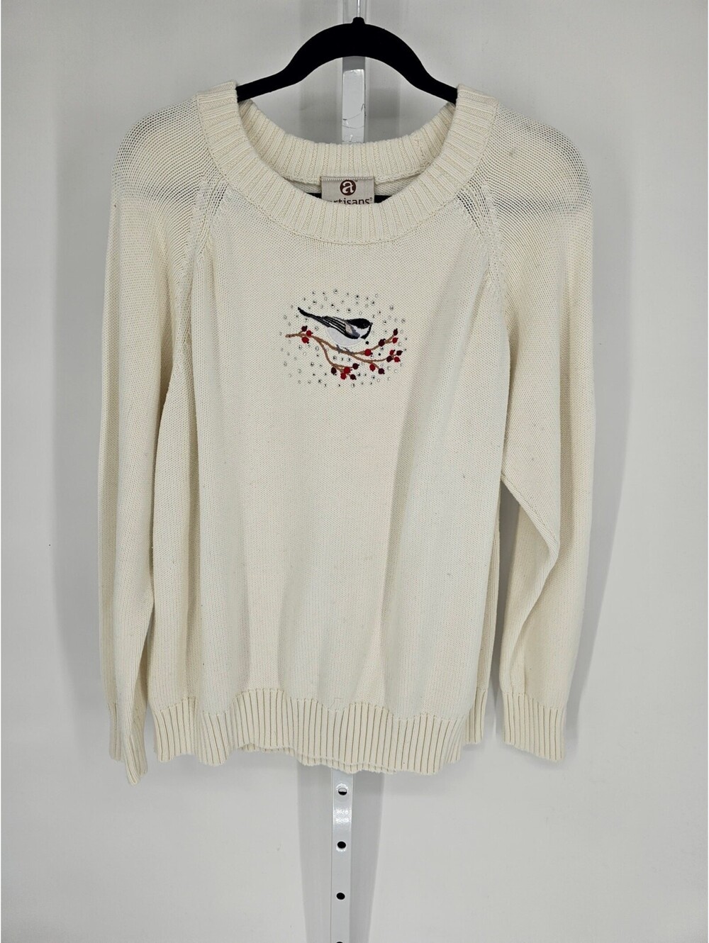 Artisans Womens Bird Embroidered Rhinestone Long Sleeve White Sweater Size XXL